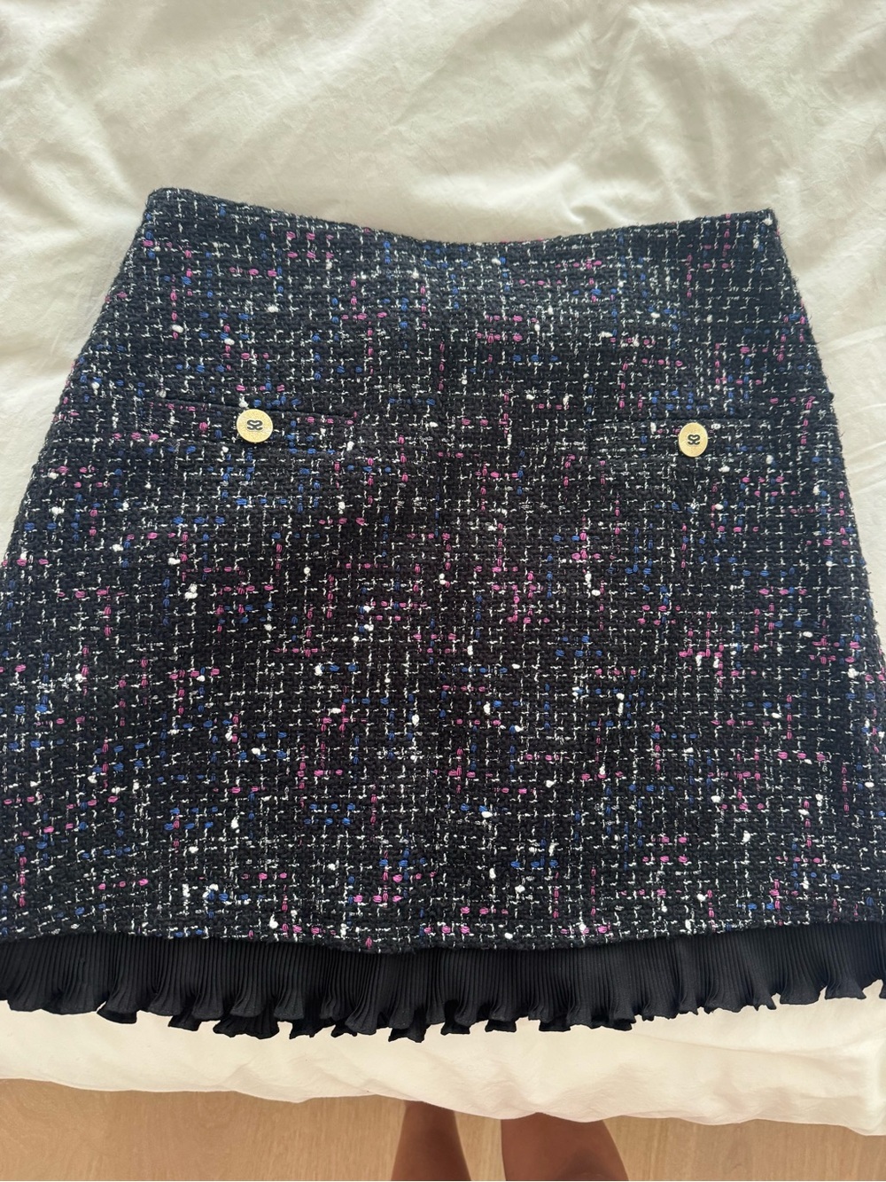 Sandro Navy Tweed Mini Skirt with Pink & Blue Flecks